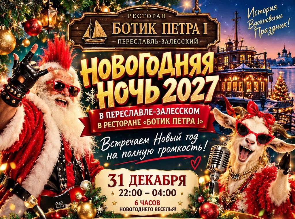 Новогодняя ночь 2027 в ресторане «Ботик Петра I», Переславль-Залесский. 31 декабря, 22:00–04:00